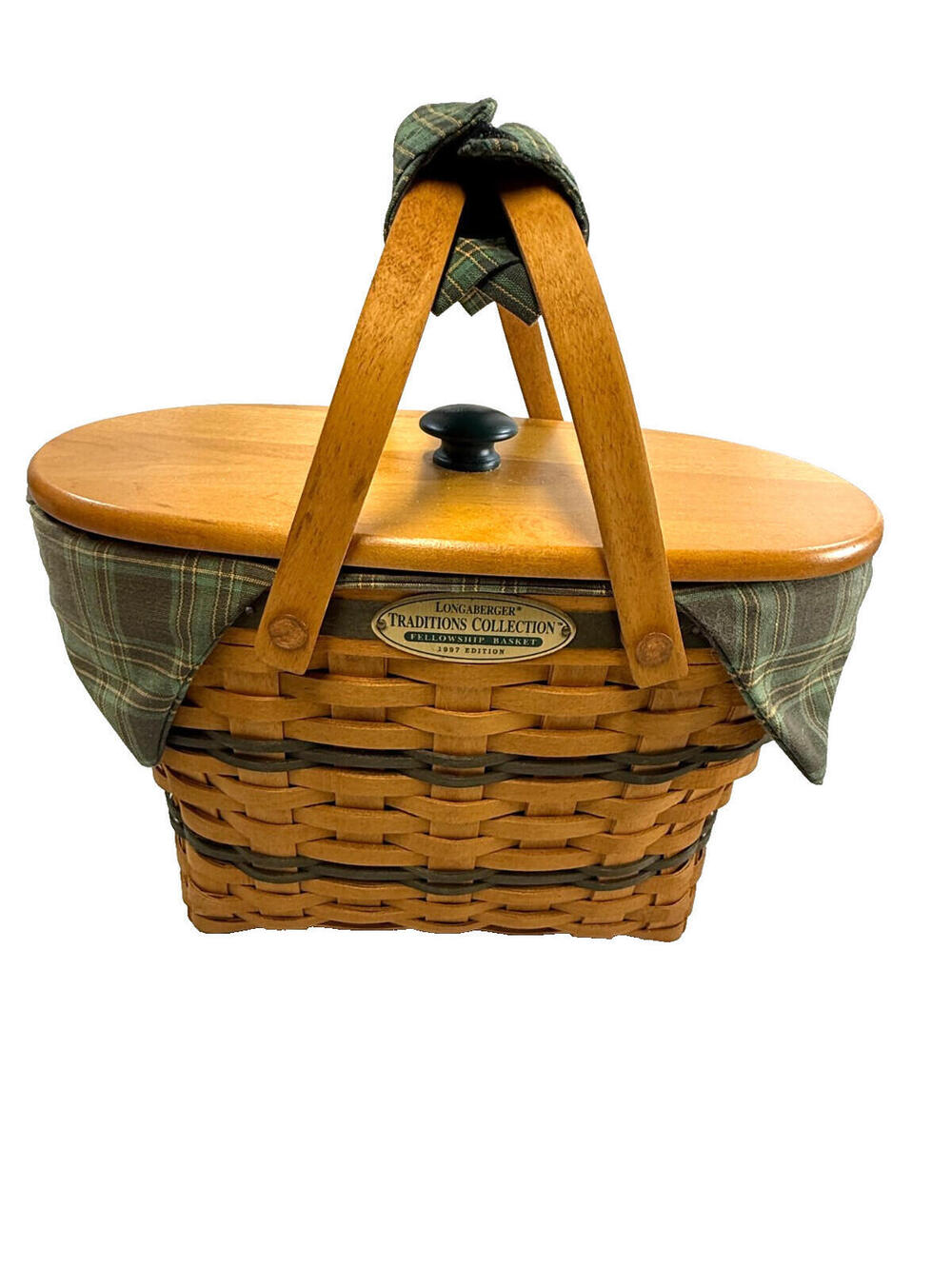 1997 Longaberger Fellowship Basket w/Plaid Liner Protector & Lid